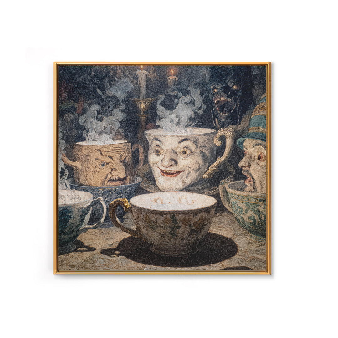 Tiny Ghosts In Teacups, Symbolist Etching Art, Square Wall Art, Dark Fantasy Wall Art, Framed Canvas Print, Halloween Wall Art
