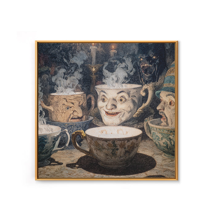Tiny Ghosts In Teacups, Symbolist Etching Art, Square Wall Art, Dark Fantasy Wall Art, Framed Canvas Print, Halloween Wall Art