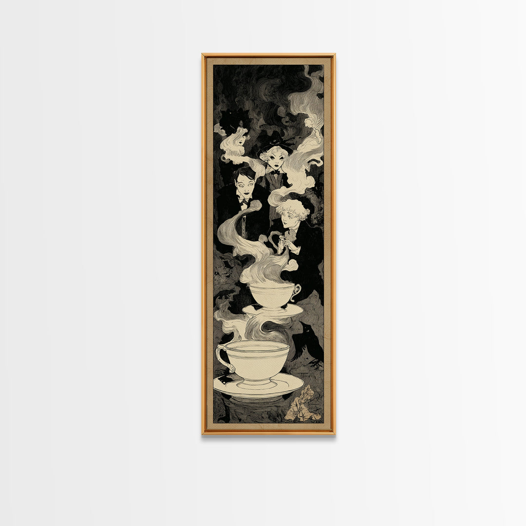 Tiny Ghosts In Teacups, Decadent Line Art, Tall Narrow Wall Art, Macabre Wall Art, Framed Canvas Print, Halloween Wall Art