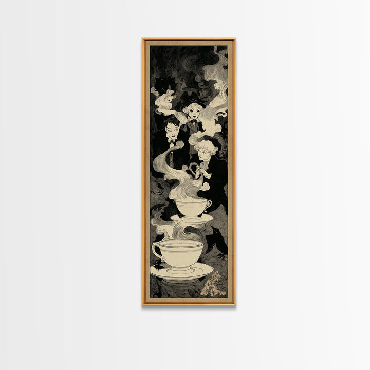 Tiny Ghosts In Teacups, Decadent Line Art, Tall Narrow Wall Art, Macabre Wall Art, Framed Canvas Print, Halloween Wall Art