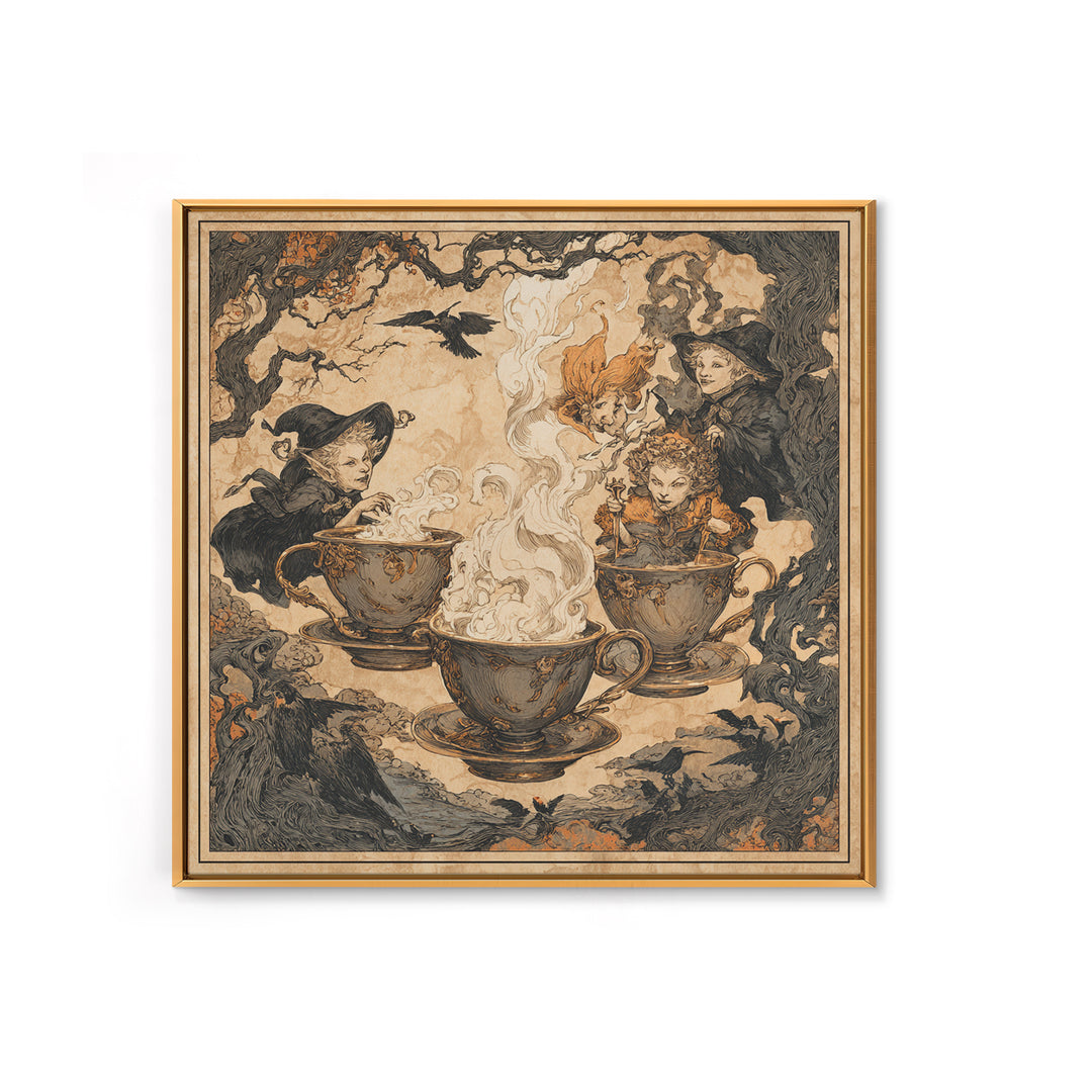 Tiny Ghosts In Teacups, Gothic Storybook Art, Square Wall Art, Macabre Wall Art, Framed Canvas Print, Halloween Wall Art