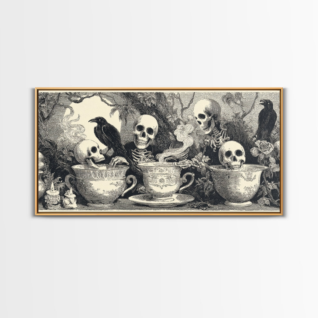 Tiny Ghosts In Teacups, Macabre Folk Print Art, Wide Panoramic Art, Macabre Wall Art, Canvas Print, Halloween Wall Art