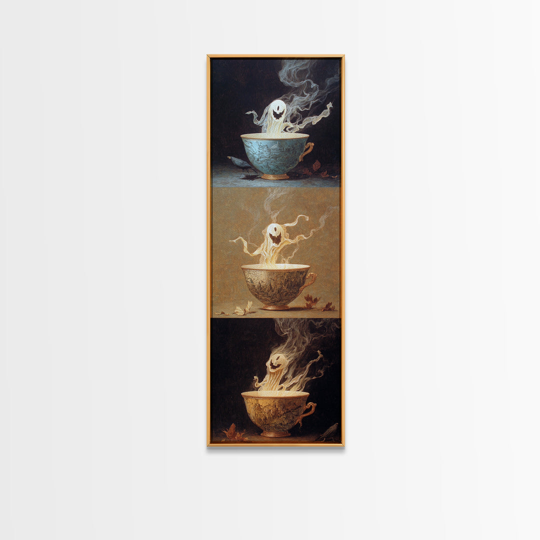 Tiny Ghosts In Teacups, Surreal Apocalyptic Art, Tall Narrow Wall Art, Macabre Wall Art, Canvas Print, Halloween Wall Art