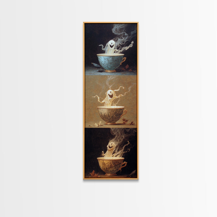 Tiny Ghosts In Teacups, Surreal Apocalyptic Art, Tall Narrow Wall Art, Macabre Wall Art, Canvas Print, Halloween Wall Art