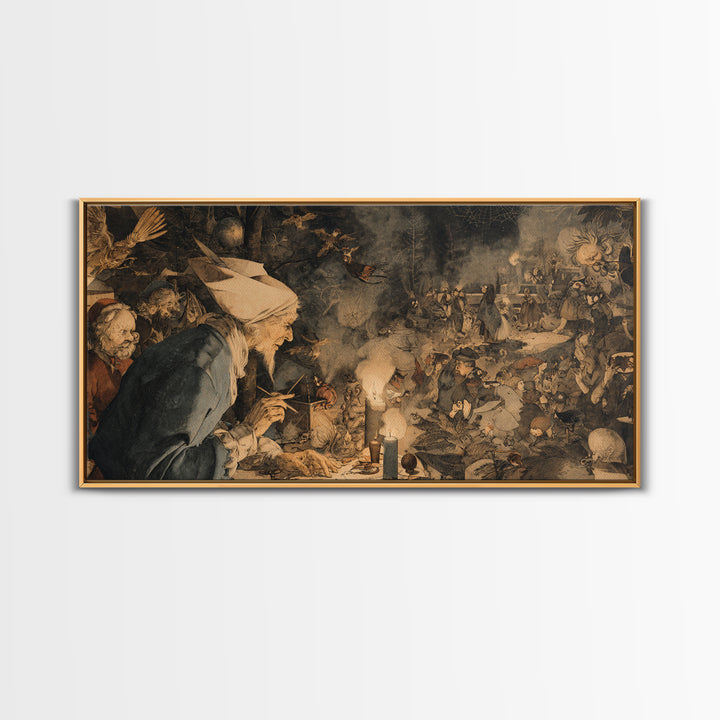The Spider Sewing Circle, Northern Renaissance Horror, Wide Panoramic Art, Gothic Horror Wall Art, Framed Canvas Print