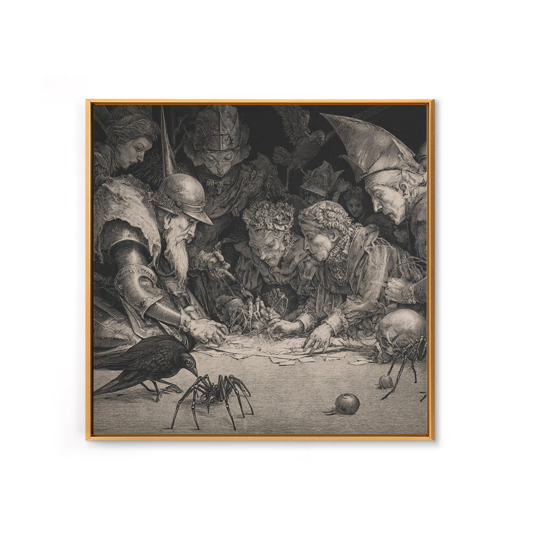 The Spider Sewing Circle, Renaissance Engraving Art, Square Wall Art, Macabre Wall Art, Framed Canvas Print, Halloween Wall Art