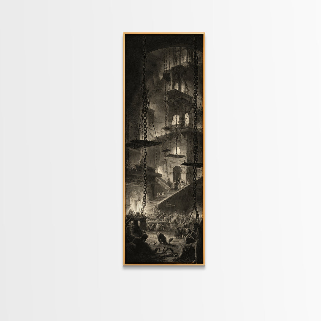 The Spider Sewing Circle, Architectural Etching Art, Tall Narrow Wall Art, Dark Halloween Decor, Canvas Print