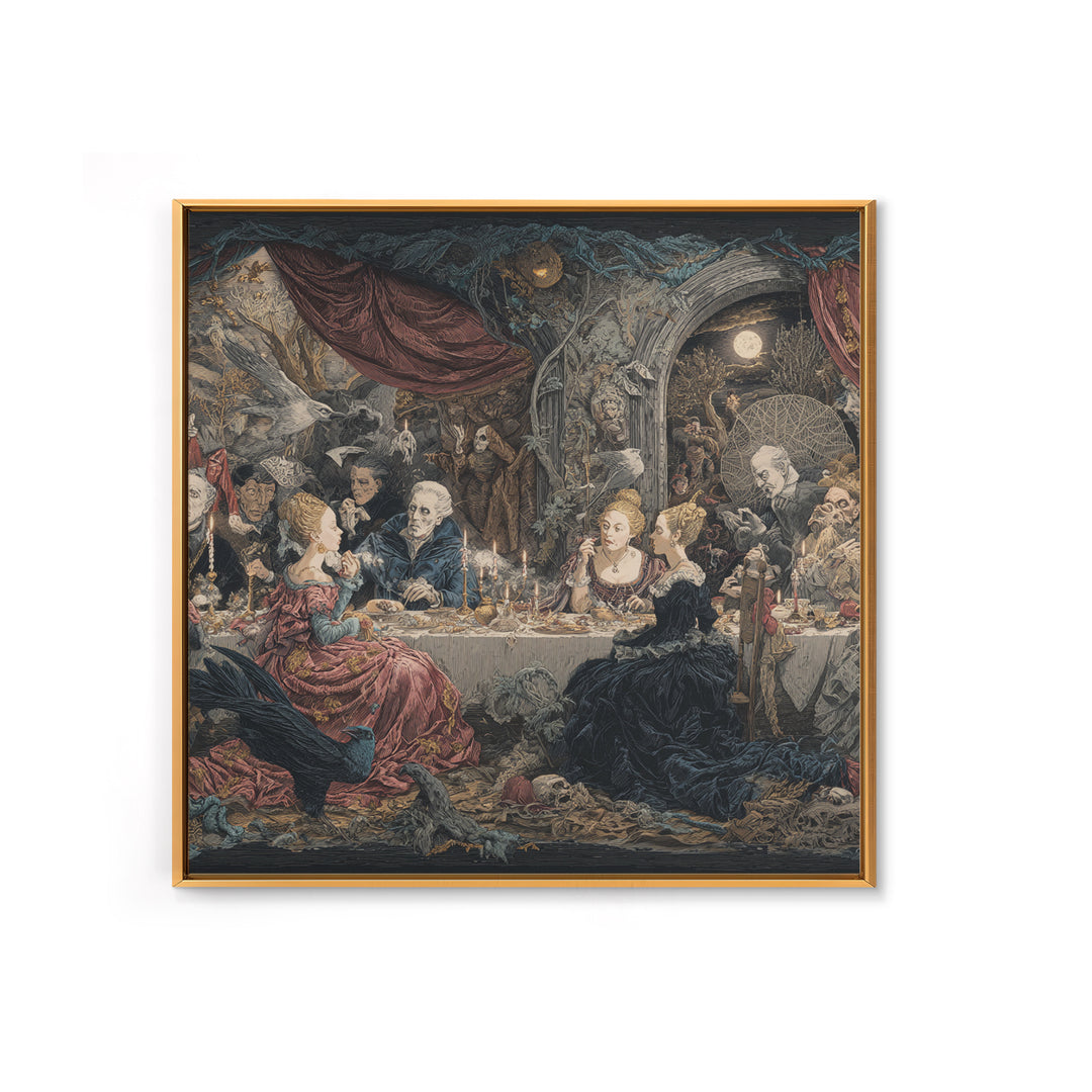 The Spider Sewing Circle, Symbolist Etching Art, Square Wall Art, Dark Halloween Decor, Framed Canvas Print, Halloween Wall Art