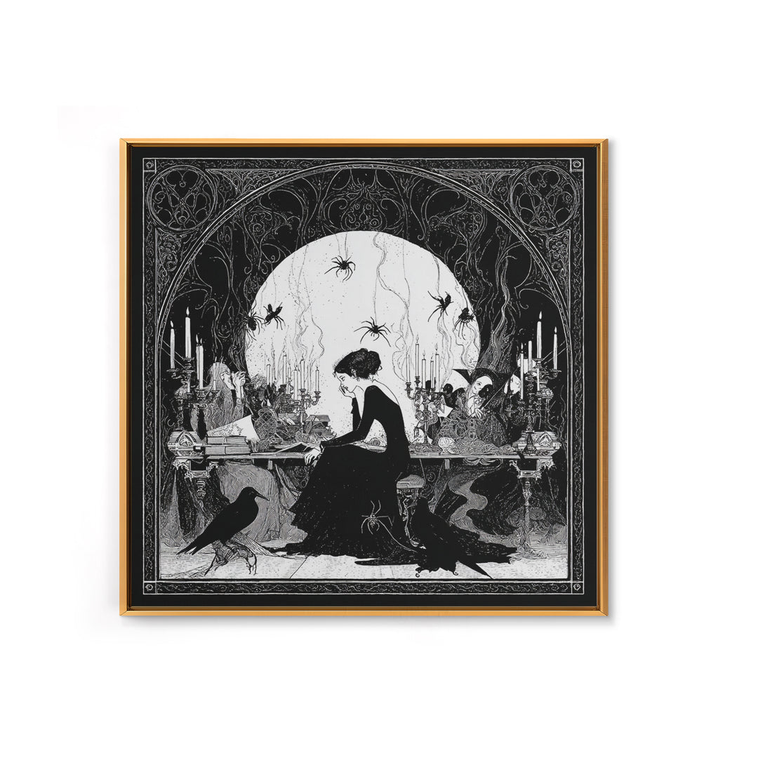 The Spider Sewing Circle, Decadent Line Art, Square Wall Art, Macabre Wall Art, Framed Canvas Print, Halloween Wall Art