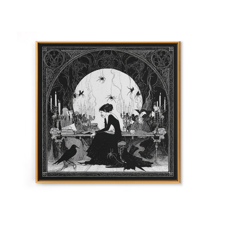 The Spider Sewing Circle, Decadent Line Art, Square Wall Art, Macabre Wall Art, Framed Canvas Print, Halloween Wall Art