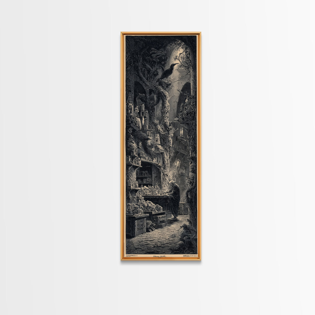 The Goblin Candy Shop, Gothic Engraving Art, Tall Narrow Wall Art, Dark Fantasy Wall Art, Framed Canvas Print, Halloween Wall Art