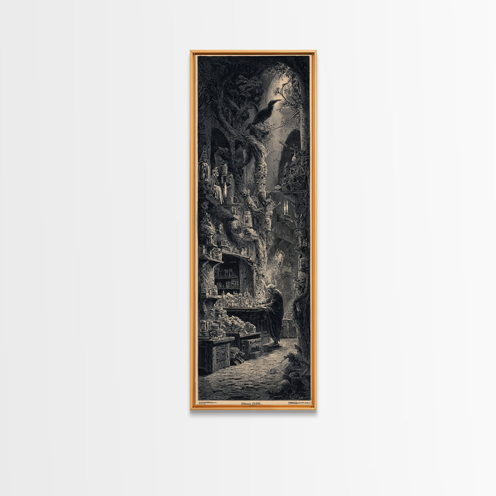 The Goblin Candy Shop, Gothic Engraving Art, Tall Narrow Wall Art, Dark Fantasy Wall Art, Framed Canvas Print, Halloween Wall Art