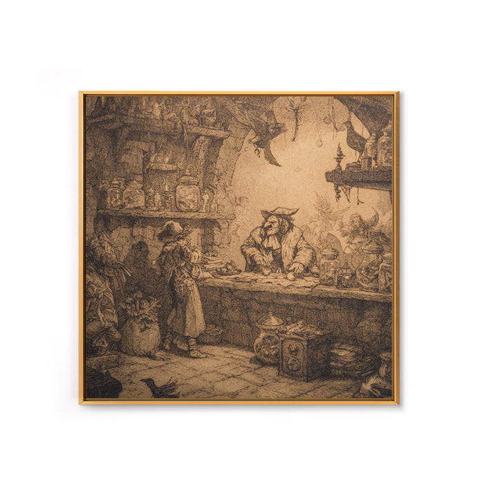 The Goblin Candy Shop, Renaissance Engraving Art, Square Wall Art, Dark Fantasy Wall Art, Framed Canvas Print, Halloween Wall Art