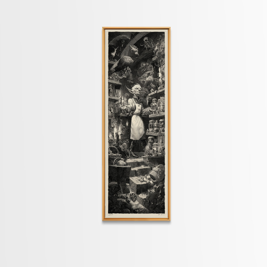 The Goblin Candy Shop, Architectural Etching Art, Tall Narrow Wall Art, Dark Halloween Decor, Canvas Print, Halloween Wall Art
