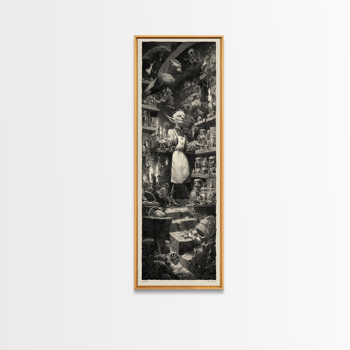 The Goblin Candy Shop, Architectural Etching Art, Tall Narrow Wall Art, Dark Halloween Decor, Canvas Print, Halloween Wall Art