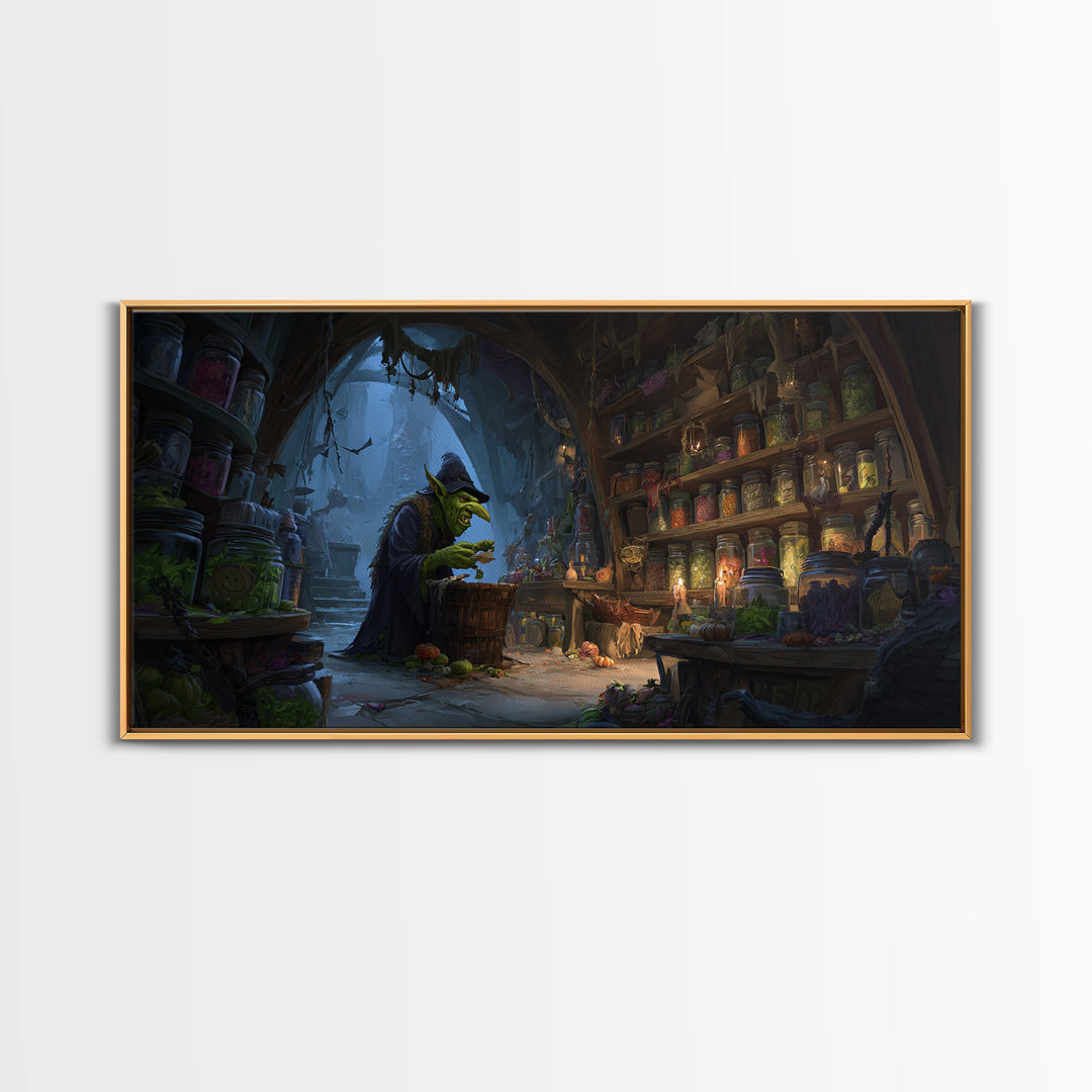 The Goblin Candy Shop, Apocalyptic Romantic Art, Wide Panoramic Art, Gothic Horror Wall Art, Framed Canvas Print, Halloween Wall Art