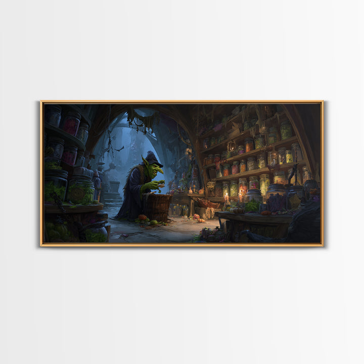 The Goblin Candy Shop, Apocalyptic Romantic Art, Wide Panoramic Art, Gothic Horror Wall Art, Framed Canvas Print, Halloween Wall Art