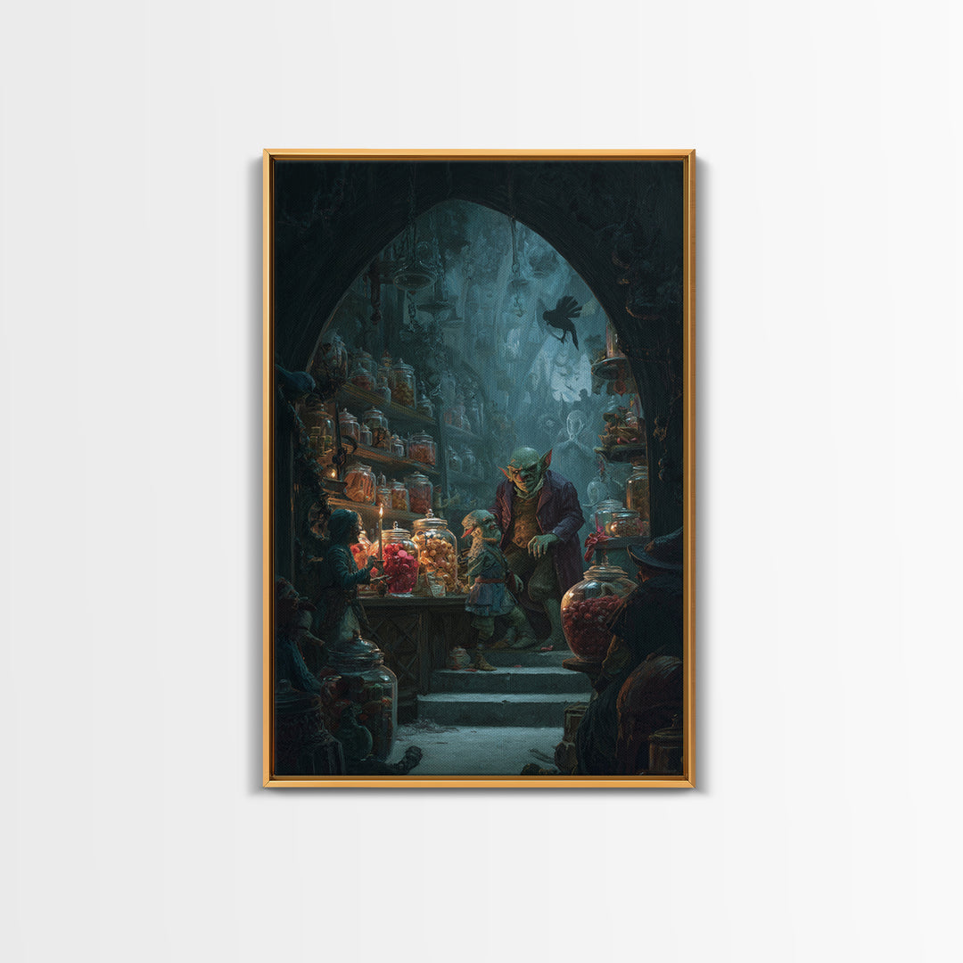 The Goblin Candy Shop, Dark Symbolist Art, Vertical Wall Art, Dark Halloween Decor, Canvas Print, Halloween Wall Art