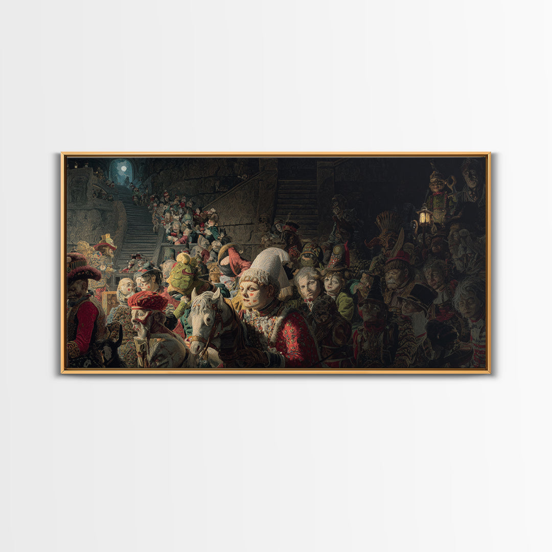 The Haunted Toy Parade, Architectural Etching Art, Wide Panoramic Art, Macabre Wall Art, Canvas Print, Halloween Wall Art