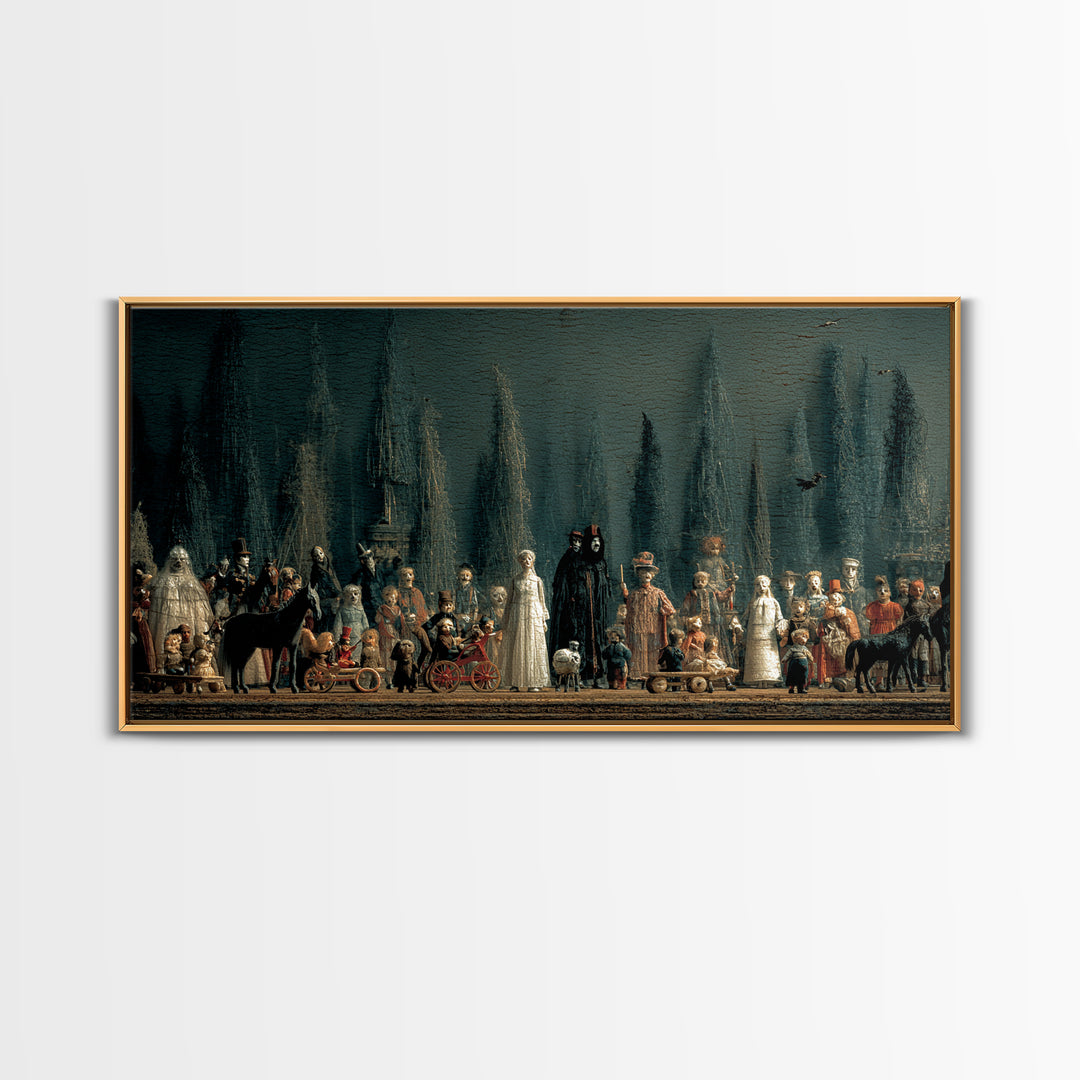 The Haunted Toy Parade, Symbolist Gothic Landscape, Wide Panoramic Art, Gothic Horror Wall Art, Framed Canvas Print, Halloween Wall Art