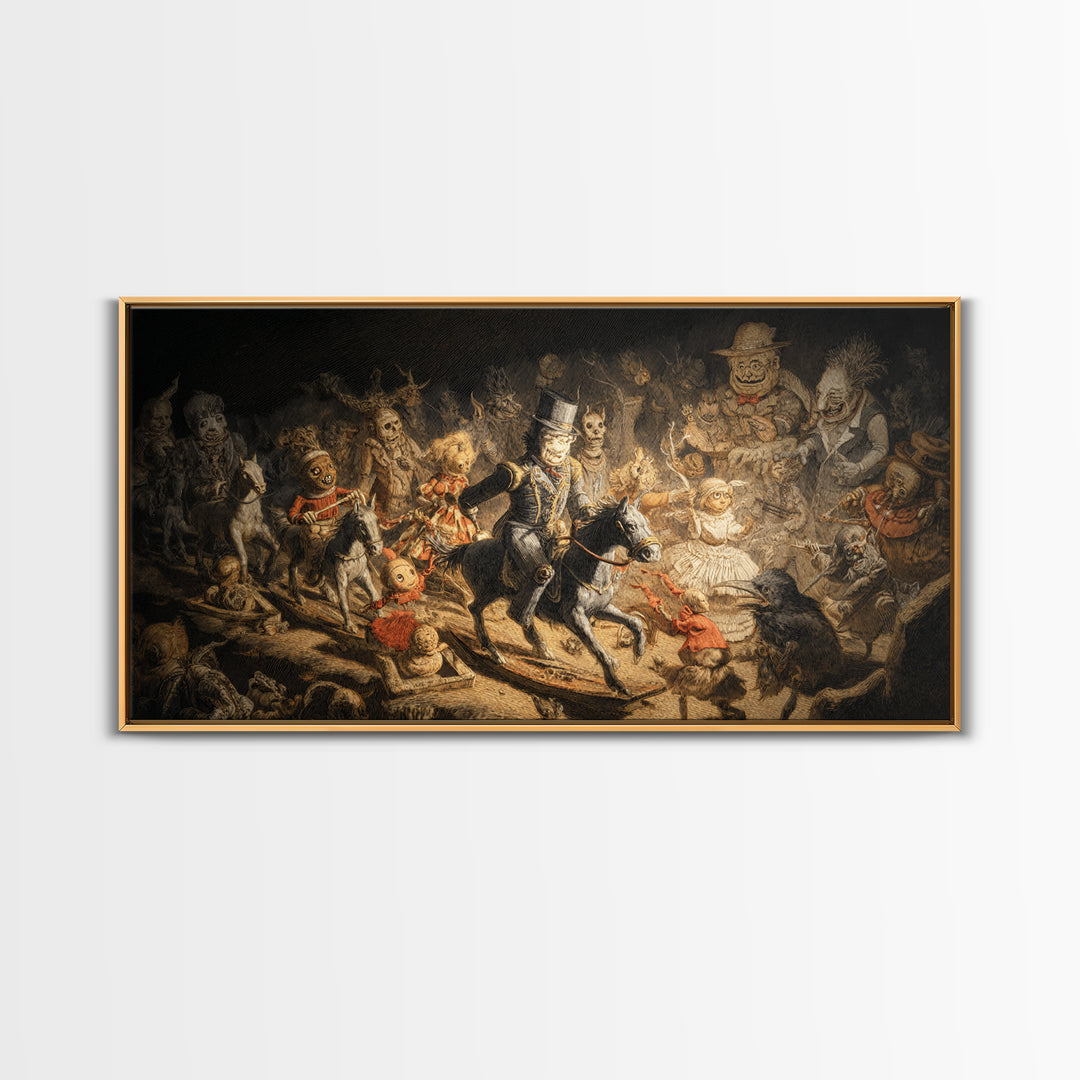 The Haunted Toy Parade, Expressionist Nightmare Art, Wide Panoramic Art, Dark Fantasy Wall Art, Canvas Print, Halloween Wall Art