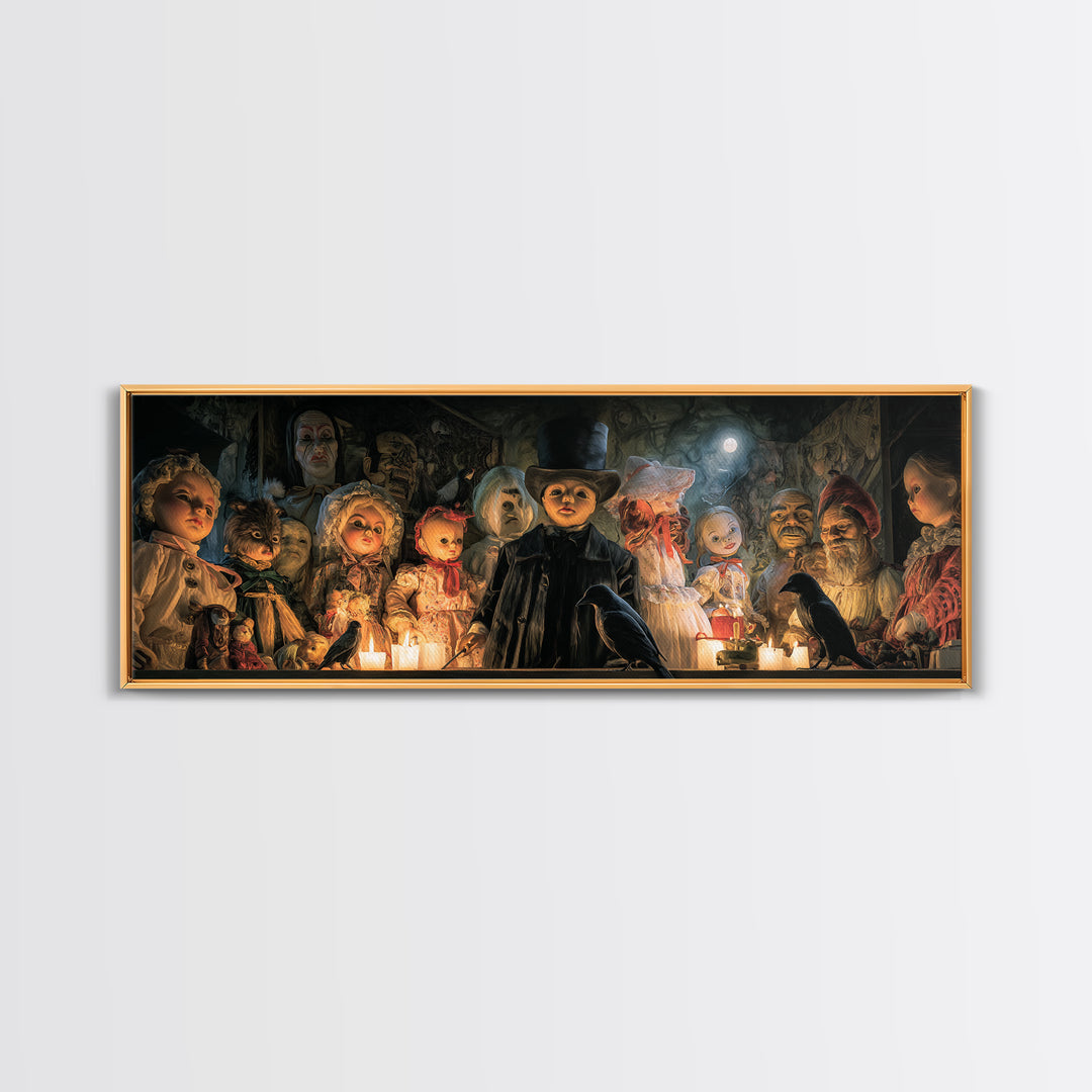The Haunted Toy Parade, Expressionist Gothic Art, Extra Wide Wall Art, Dark Halloween Decor, Framed Canvas Print, Halloween Wall Art