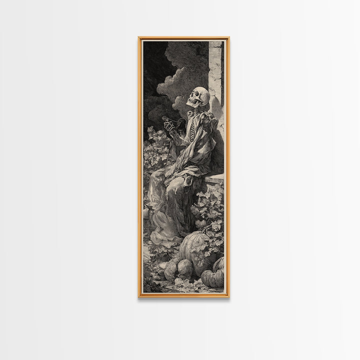 The Skeleton Gardeners, Gothic Engraving Art, Tall Narrow Wall Art, Dark Halloween Decor, Framed Canvas Print, Halloween Wall Art