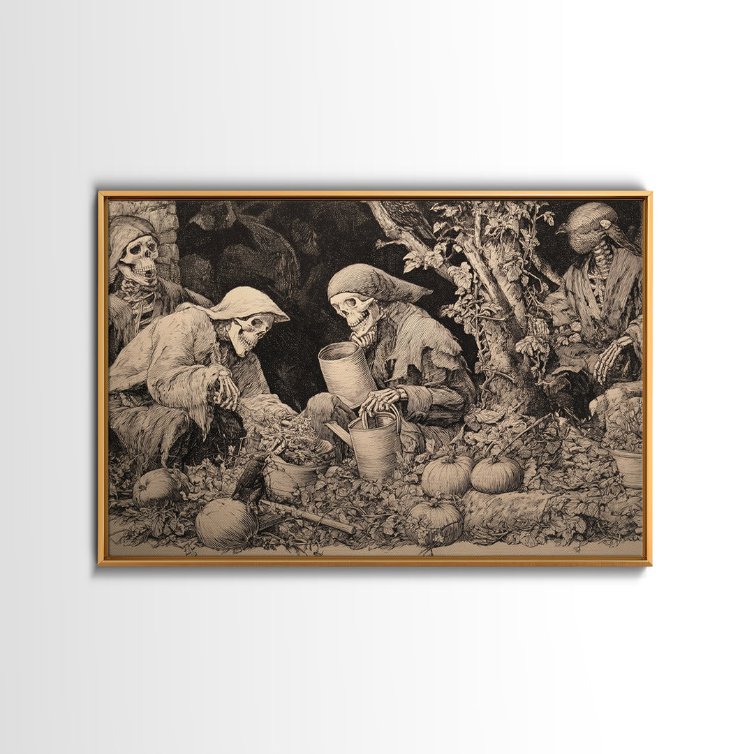 The Skeleton Gardeners, Renaissance Engraving Art, Landscape Wall Art, Dark Fantasy Wall Art, Canvas Print, Halloween Wall Art