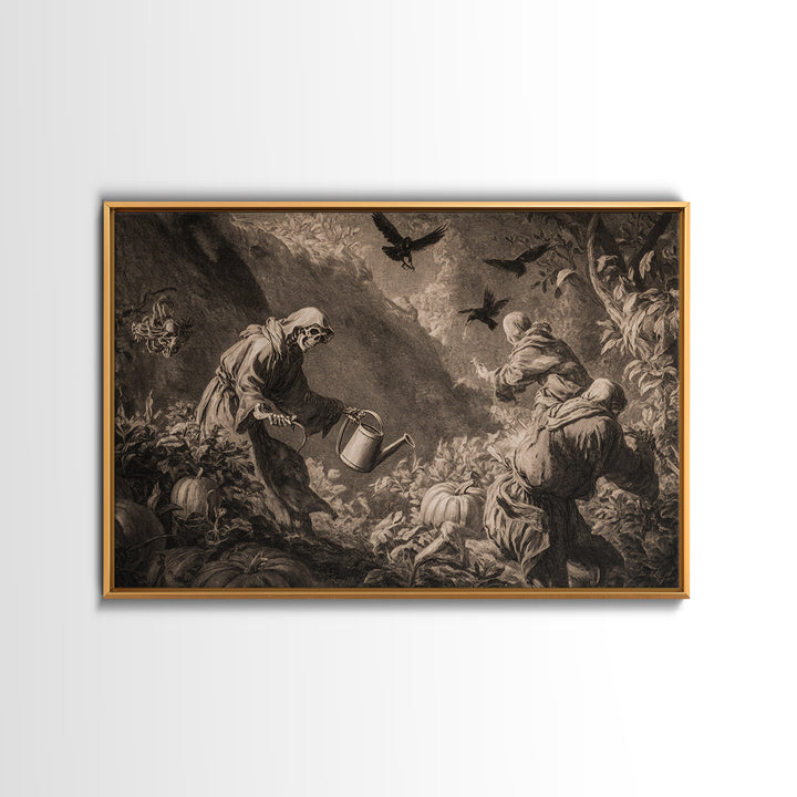 The Skeleton Gardeners, Baroque Witchcraft Art, Landscape Wall Art, Dark Fantasy Wall Art, Canvas Print, Halloween Wall Art