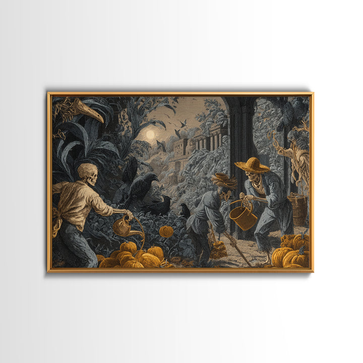 The Skeleton Gardeners, Architectural Etching Art, Landscape Wall Art, Dark Halloween Decor, Canvas Print, Halloween Wall Art