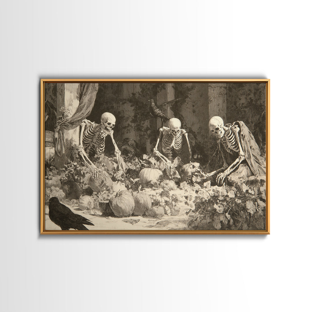 The Skeleton Gardeners, Decadent Gothic Art, Landscape Wall Art, Gothic Horror Wall Art, Framed Canvas Print, Halloween Wall Art