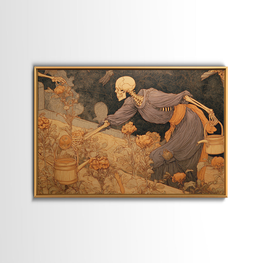 The Skeleton Gardeners, Symbolist Death Art, Landscape Wall Art, Dark Halloween Decor, Framed Canvas Print, Halloween Wall Art