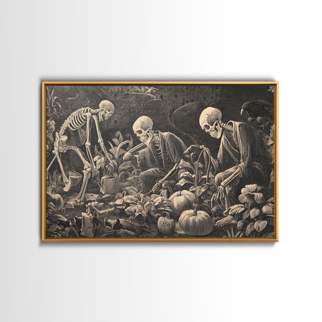 The Skeleton Gardeners, Symbolist Etching Art, Landscape Wall Art, Gothic Horror Wall Art, Framed Canvas Print, Halloween Wall Art
