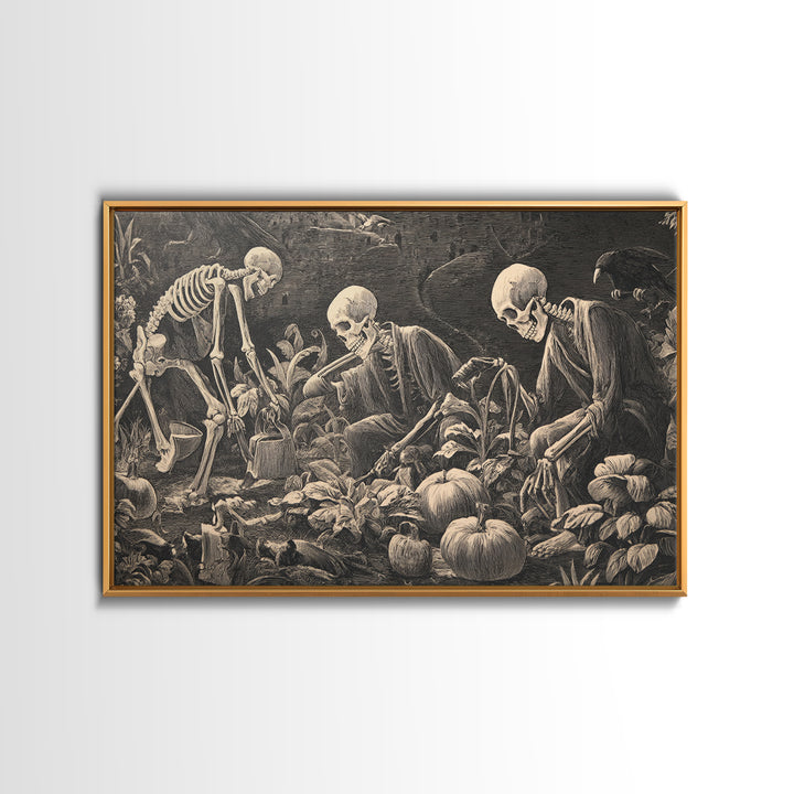 The Skeleton Gardeners, Symbolist Etching Art, Landscape Wall Art, Gothic Horror Wall Art, Framed Canvas Print, Halloween Wall Art