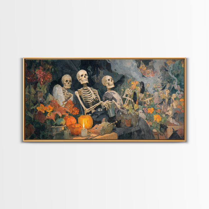 The Skeleton Gardeners, Grotesque Carnival Art, Wide Panoramic Art, Gothic Horror Wall Art, Framed Canvas Print, Halloween Wall Art