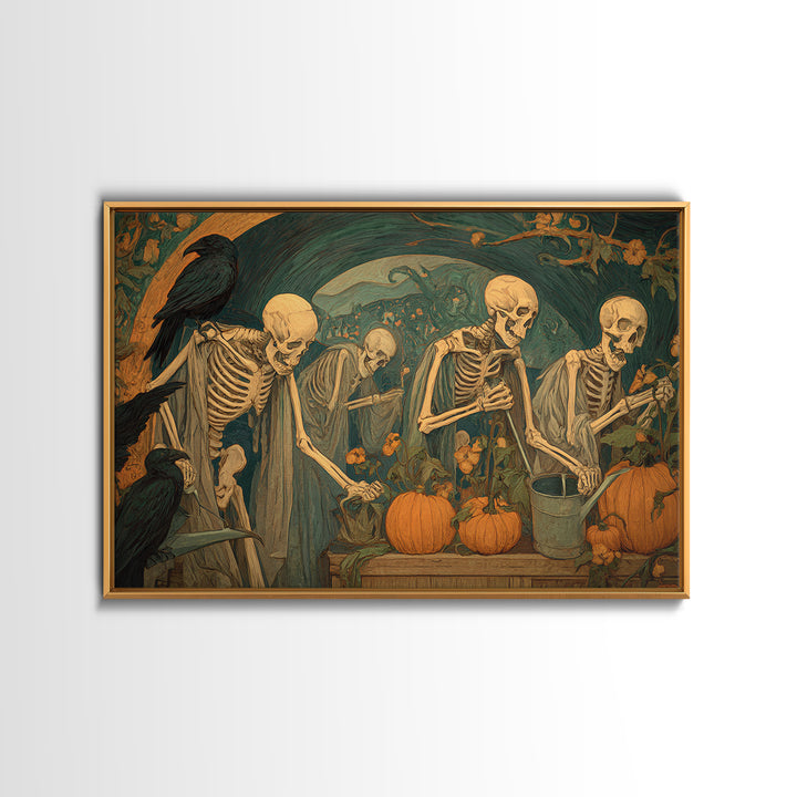 The Skeleton Gardeners, Expressionist Gothic Art, Landscape Wall Art, Dark Fantasy Wall Art, Framed Canvas Print, Halloween Wall Art