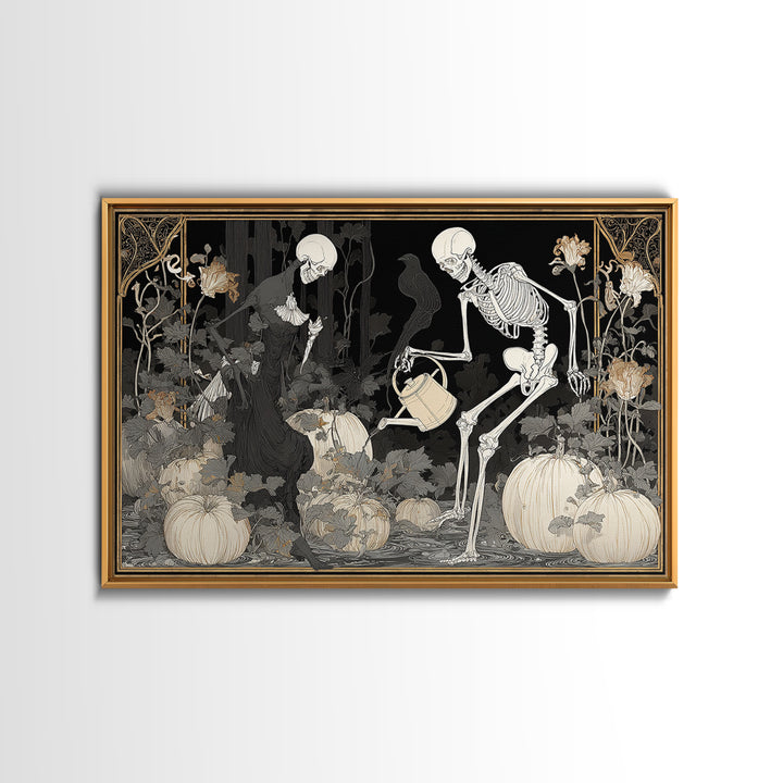 The Skeleton Gardeners, Decadent Line Art, Landscape Wall Art, Gothic Horror Wall Art, Framed Canvas Print, Halloween Wall Art