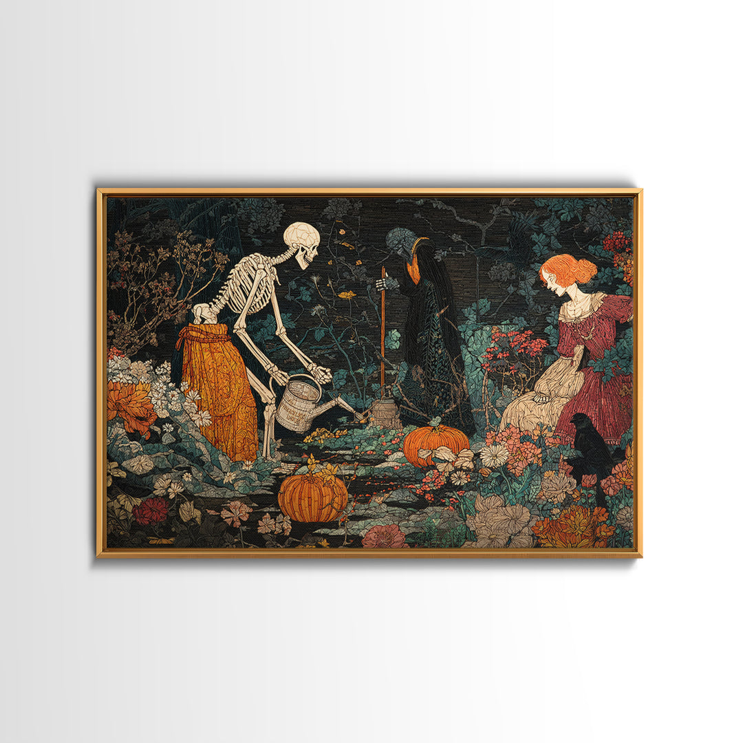The Skeleton Gardeners, Stained Glass Gothic Art, Landscape Wall Art, Gothic Horror Wall Art, Canvas Print, Halloween Wall Art