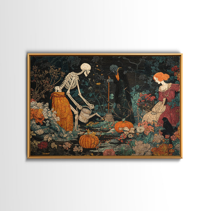 The Skeleton Gardeners, Stained Glass Gothic Art, Landscape Wall Art, Gothic Horror Wall Art, Canvas Print, Halloween Wall Art
