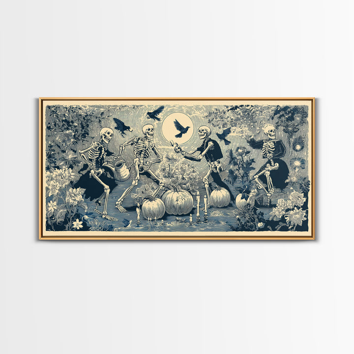 The Skeleton Gardeners, Macabre Folk Print Art, Wide Panoramic Art, Macabre Wall Art, Canvas Print, Halloween Wall Art