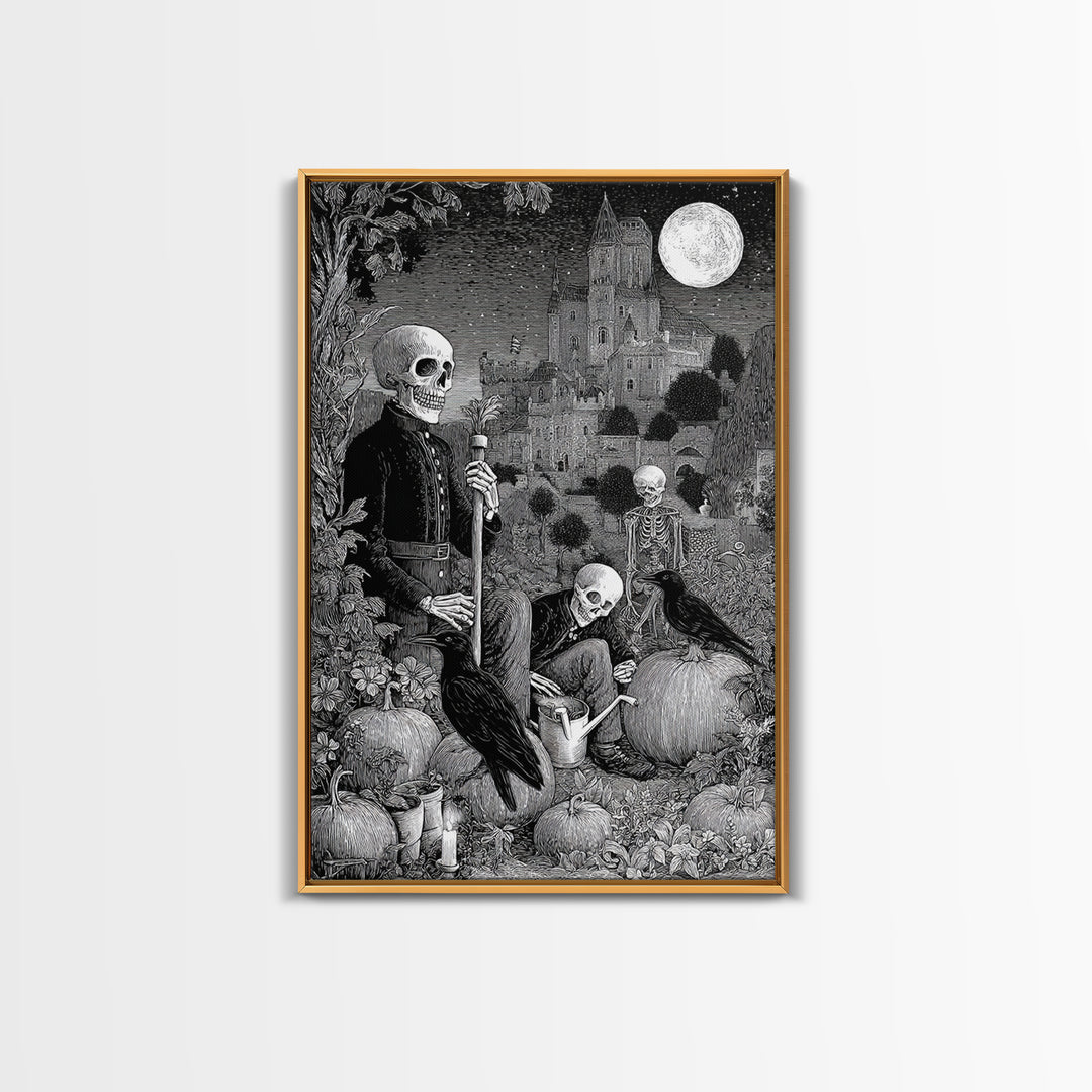 The Skeleton Gardeners, Victorian Macabre Art, Vertical Wall Art, Dark Fantasy Wall Art, Canvas Print, Halloween Wall Art