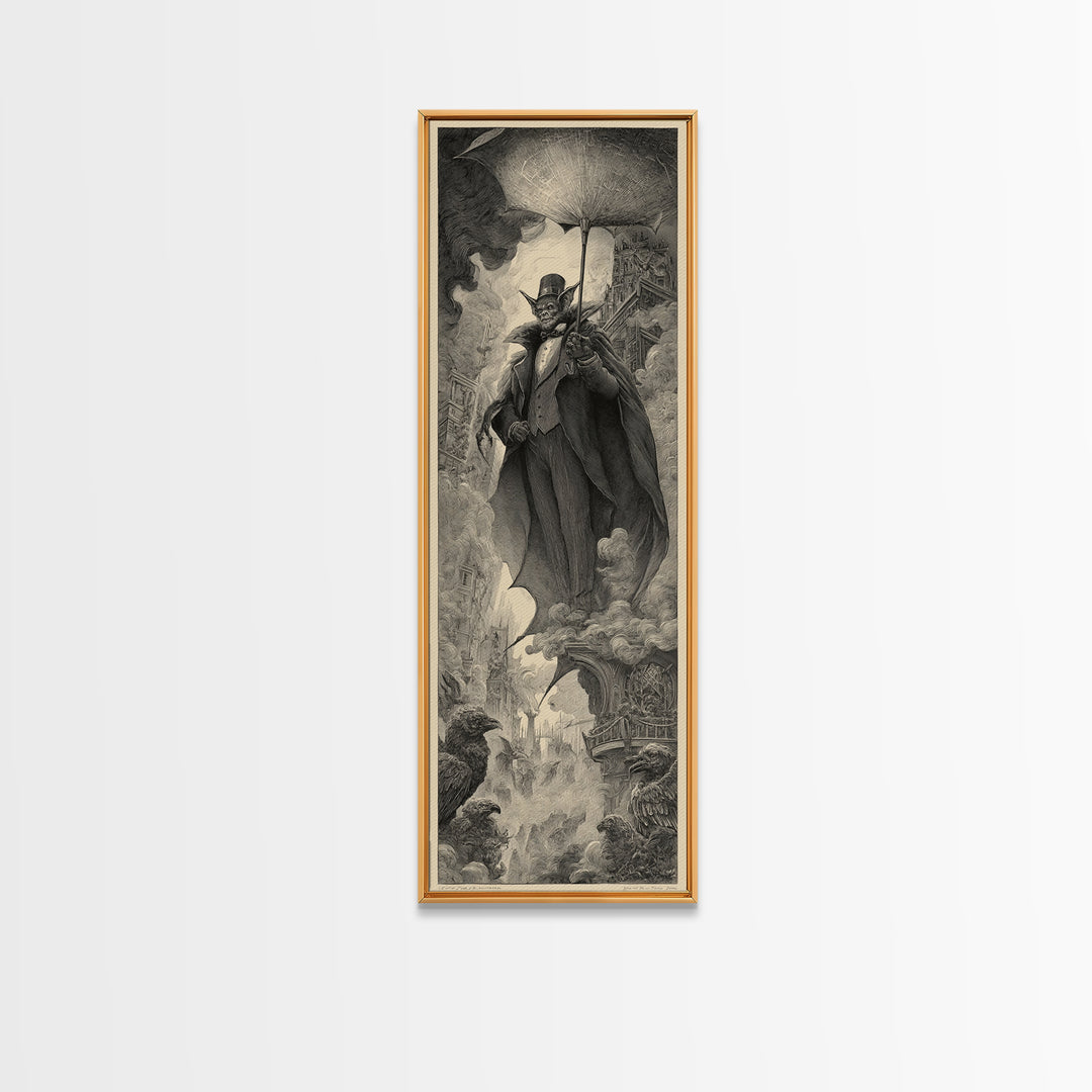 The Bat Umbrella Salesman, Gothic Engraving Art, Tall Narrow Wall Art, Macabre Wall Art, Canvas Print, Halloween Wall Art