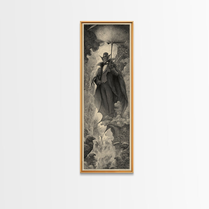 The Bat Umbrella Salesman, Gothic Engraving Art, Tall Narrow Wall Art, Macabre Wall Art, Canvas Print, Halloween Wall Art