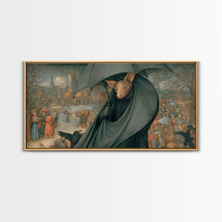 The Bat Umbrella Salesman, Northern Renaissance Horror, Wide Panoramic Art, Gothic Horror Wall Art, Framed Canvas Print