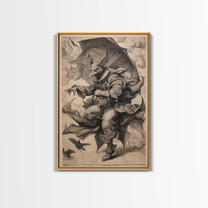The Bat Umbrella Salesman, Renaissance Engraving Art, Vertical Wall Art, Dark Halloween Decor, Framed Canvas Print, Halloween Wall Art