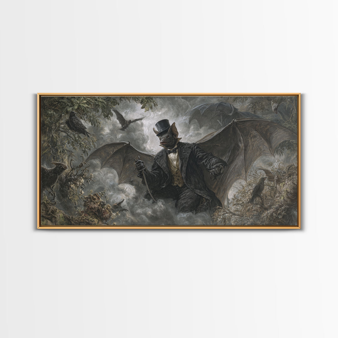 The Bat Umbrella Salesman, Baroque Witchcraft Art, Wide Panoramic Art, Dark Fantasy Wall Art, Canvas Print, Halloween Wall Art