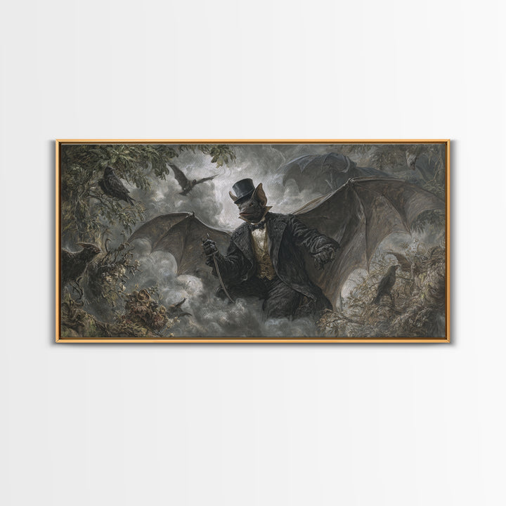The Bat Umbrella Salesman, Baroque Witchcraft Art, Wide Panoramic Art, Dark Fantasy Wall Art, Canvas Print, Halloween Wall Art