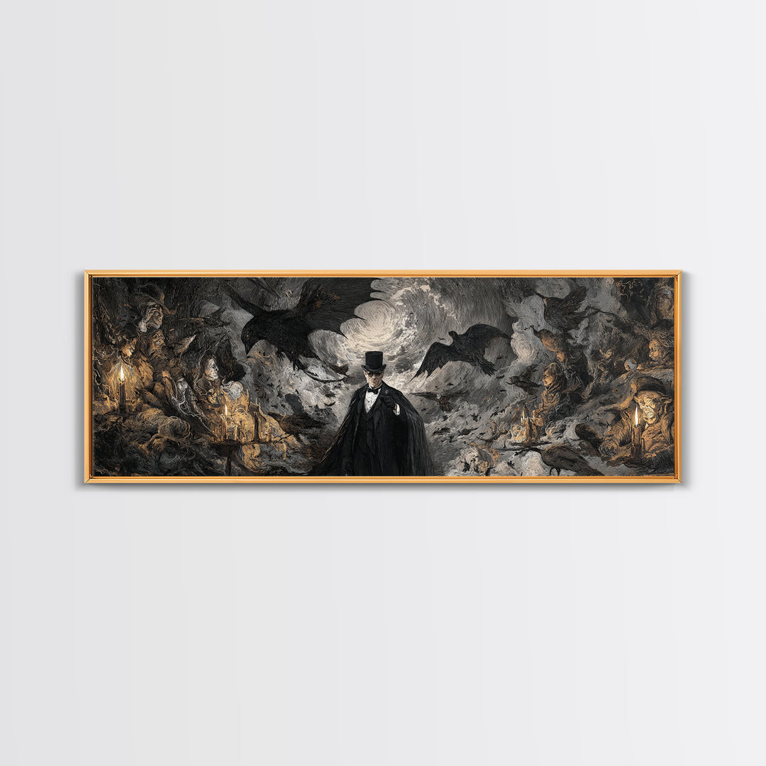 The Bat Umbrella Salesman, Dark Romantic Horror Art, Extra Wide Wall Art, Dark Halloween Decor, Canvas Print, Halloween Wall Art