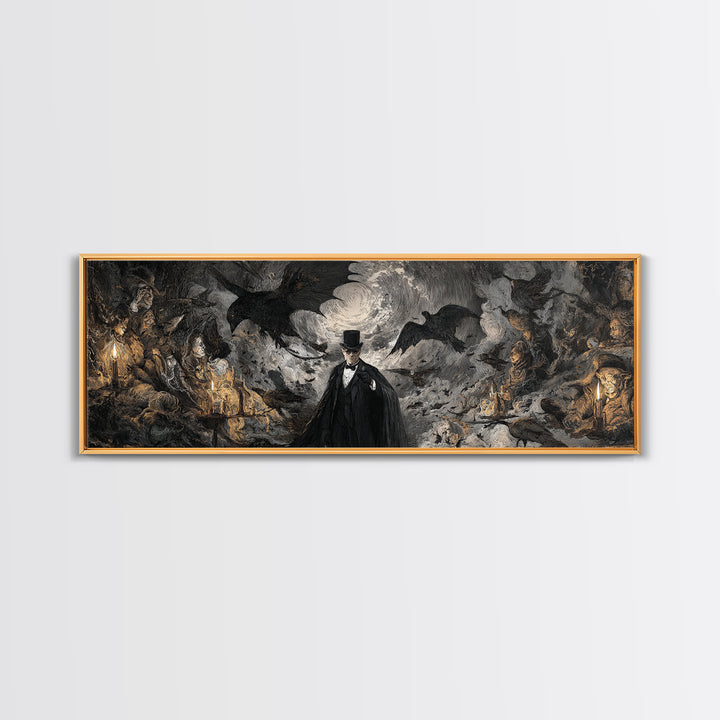 The Bat Umbrella Salesman, Dark Romantic Horror Art, Extra Wide Wall Art, Dark Halloween Decor, Canvas Print, Halloween Wall Art
