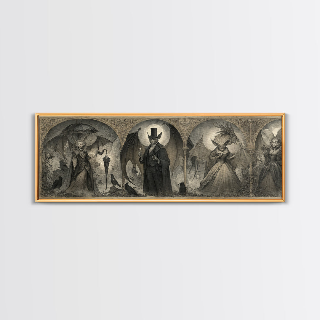 The Bat Umbrella Salesman, Visionary Gothic Art, Extra Wide Wall Art, Dark Halloween Decor, Framed Canvas Print, Halloween Wall Art